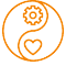 Logo featuring an orange gear and heart design within a circular pattern.